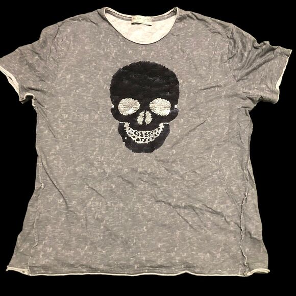 Zara Boys Flip Sequin Skull T-Shirt w/Exposed Seams Heather Grey; SZ 11/12 - Picture 1 of 7